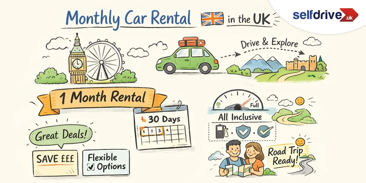 Illustrated ad for SelfDrive monthly car rental in the UK: Big Ben, green car, road trip scenes, 
